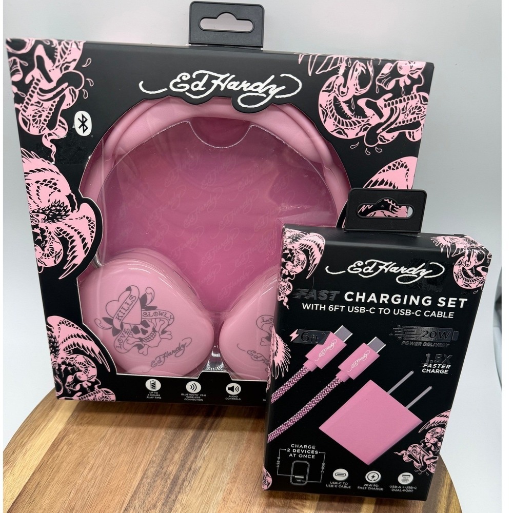 Ed Hardy Pink Headphones & 20W Fast Charging Bundle 0194